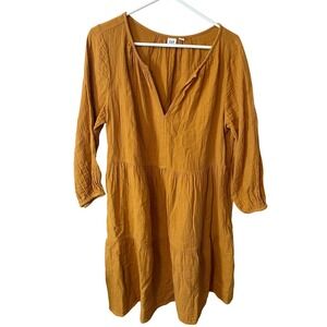 GAP Womens Mustard Yellow Cotton Gauze Tiered Mini Smock Dress V-Neck Medium